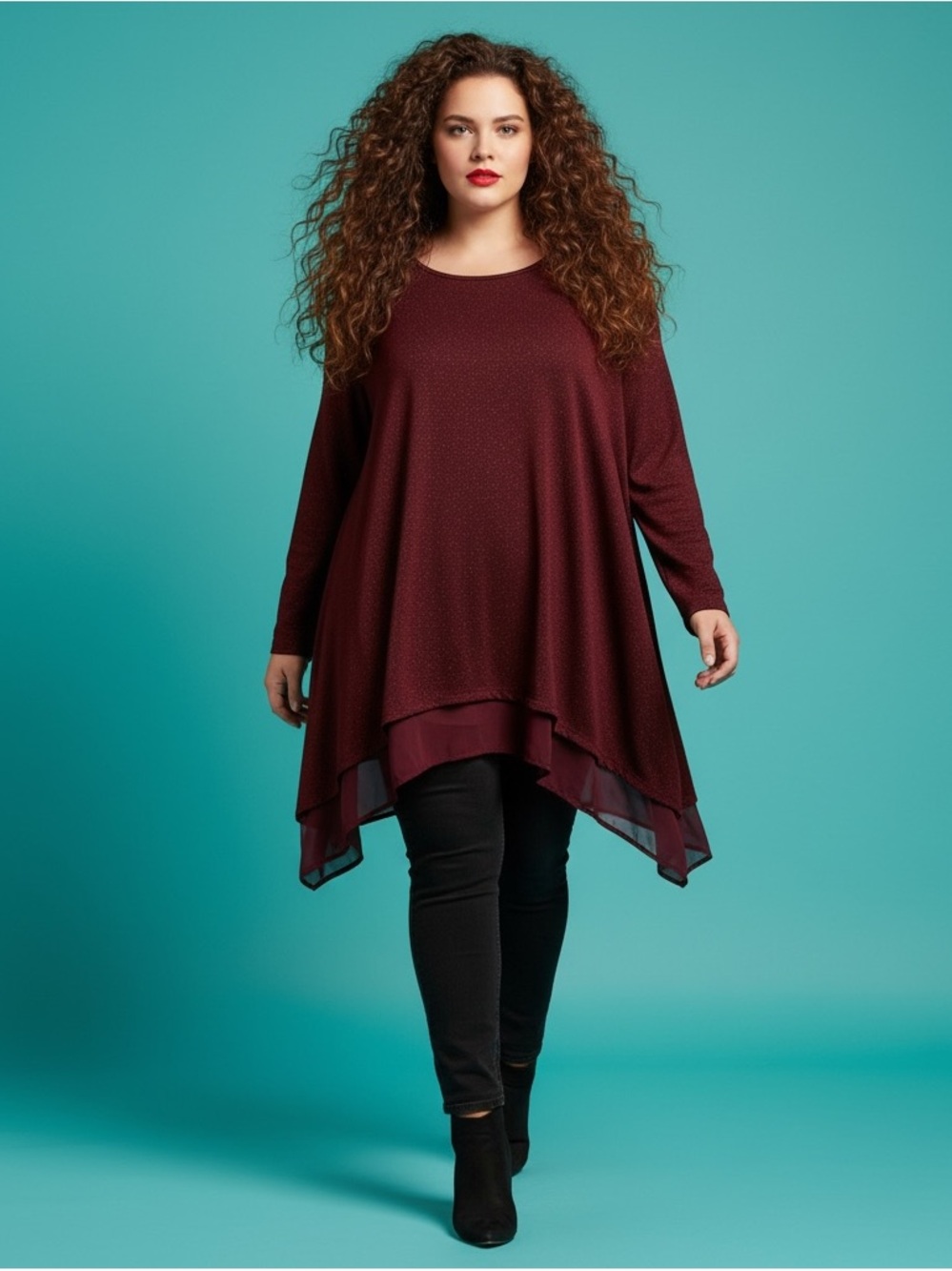 Candy Couture Maroon Sharkbite Hem Layered Blouse Plus Size 3X